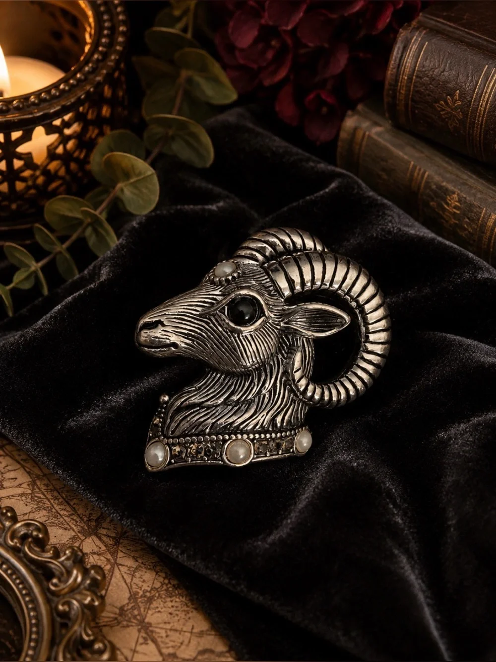 Ram Head Statement Brooch in Antique Silver